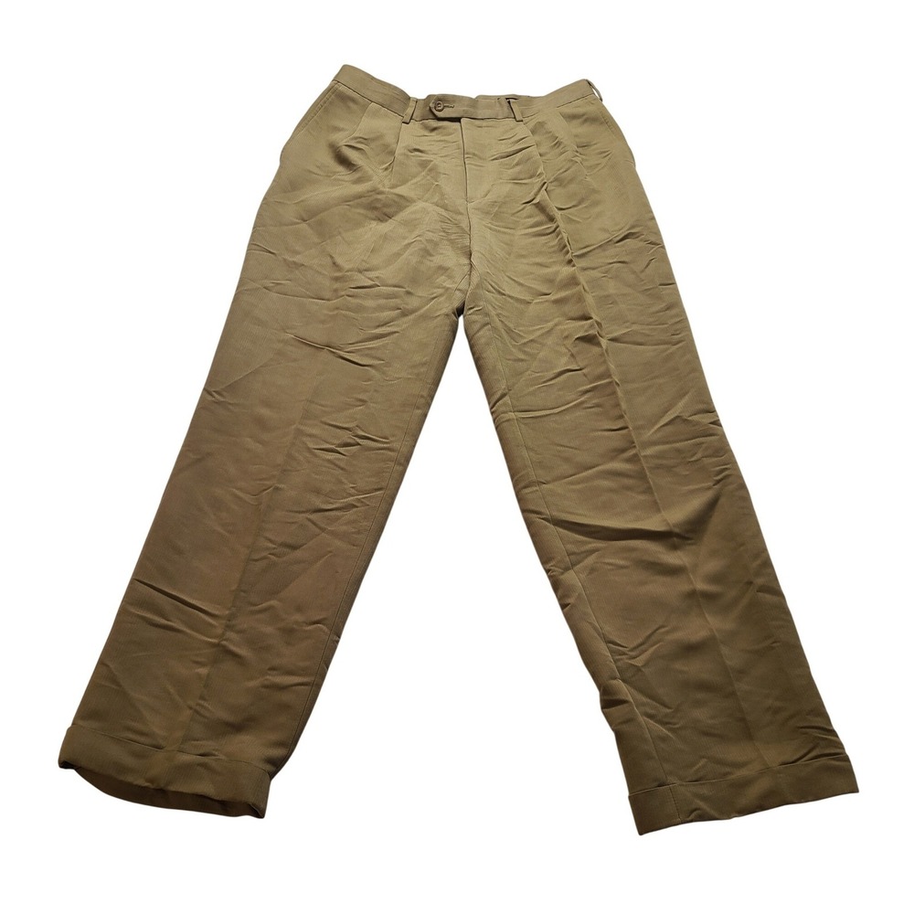 Perry‎ Ellis Portfolio Pleated Cuffed Dress Pants Men's 34x32 Tan Khaki Zip Fly